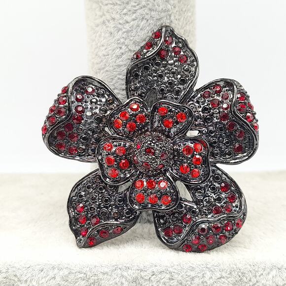 Vintage Red Rhinestone Black Metal Flower Brooch, 2" - Picture 7 of 10
